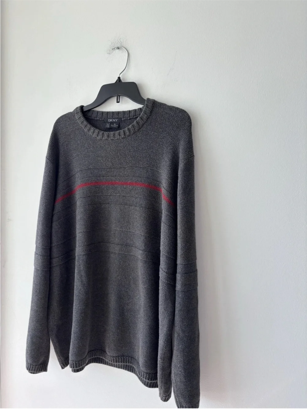 90s VTG DKNY Sweater Gray Red Stripe Pullover Long Sleeve Cotton Mens XL Preppy